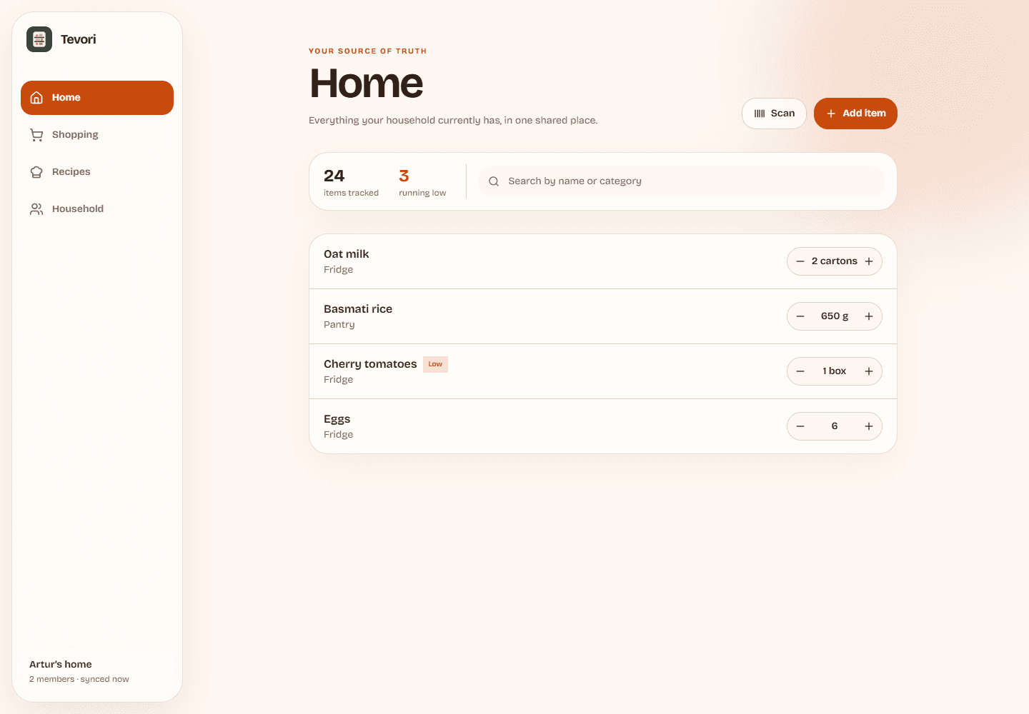 Tevori household home screen showing inventory, shopping and recipe workflows